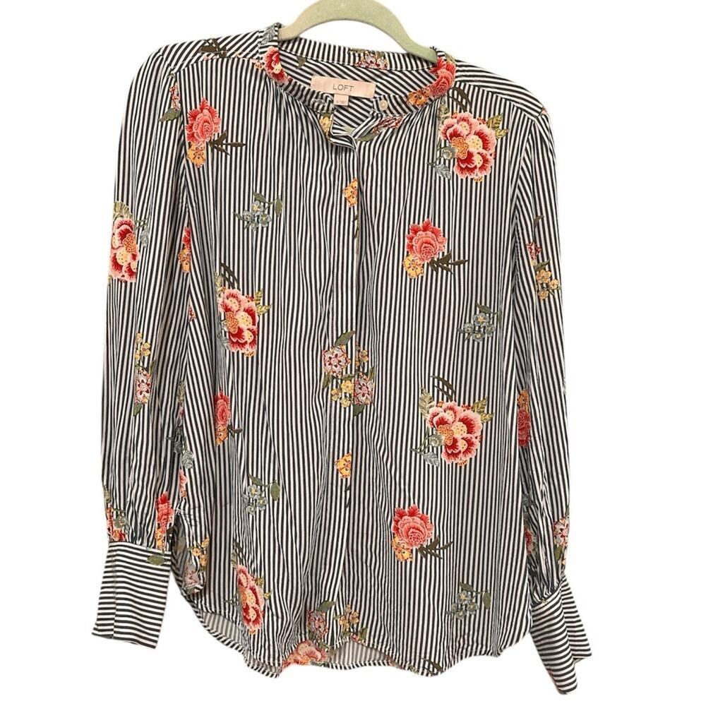 2 for $20! LOFT Women's Striped Floral Blouse - Blue, White, and Pink - Picture 2 of 5